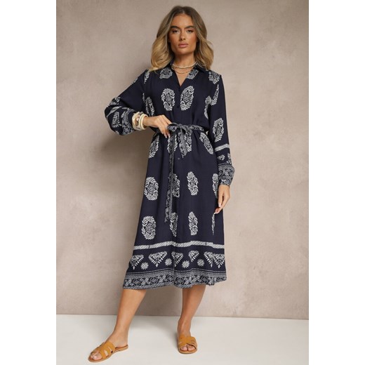 Granatowa Sukienka Koszulowa Wiązana w Pasie w Stylu Boho Rorisha Renee S renee.pl promocja