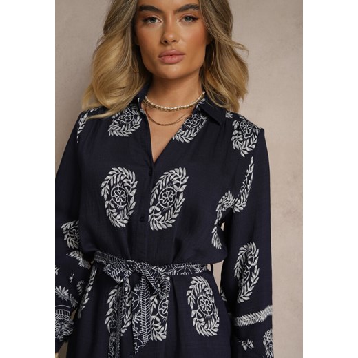 Granatowa Sukienka Koszulowa Wiązana w Pasie w Stylu Boho Rorisha Renee M renee.pl wyprzedaż