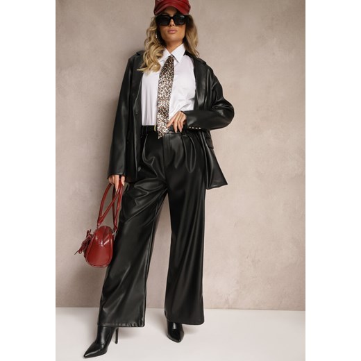 Czarne Szerokie Spodnie z Imitacji Skóry High Waist z Paskiem z Klamrą Labora ze sklepu renee.pl w kategorii Spodnie damskie - zdjęcie 179924518