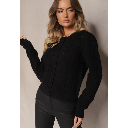 Czarny Pudełkowy Kardigan z Wełną i Wiskozą o Tłoczonym Splocie Vaitra Renee M wyprzedaż renee.pl