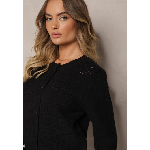 Czarny Pudełkowy Kardigan z Wełną i Wiskozą o Tłoczonym Splocie Vaitra Renee S renee.pl okazja