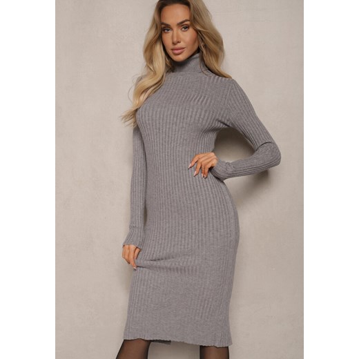 Szara Dopasowana Prążkowana Sukienka Sweterkowa z Golfem Wełną Bawełną i Renee M renee.pl okazja