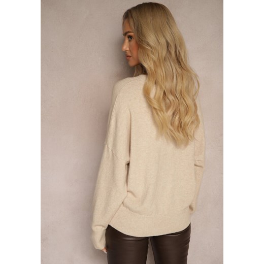 Beżowy Klasyczny Sweter z Wiskozą i Kaszmirem Marirra Renee ONE SIZE okazja renee.pl