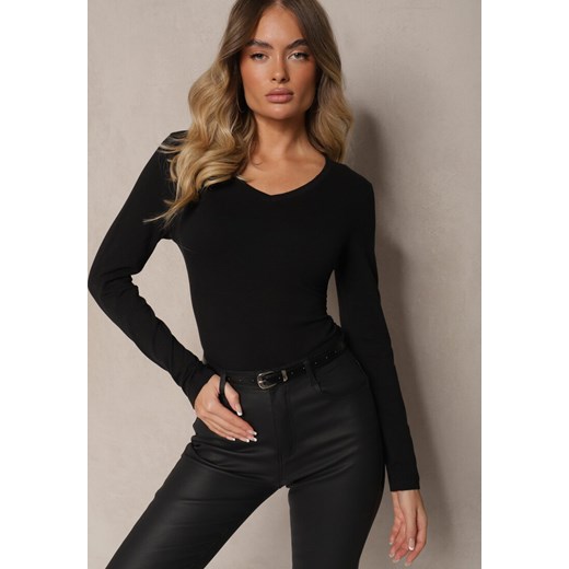 Czarna Bluzka Bawełniana Typu Longsleeve z Dekoltem w Kształcie Litery V Miavelle ze sklepu renee.pl w kategorii Bluzki damskie - zdjęcie 179925207
