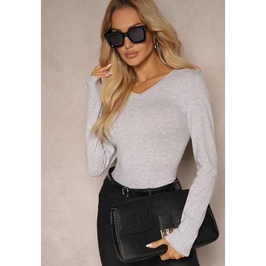 Jasnoszara Bluzka Bawełniana Typu Longsleeve z Dekoltem w Kształcie Litery V Miavelle ze sklepu renee.pl w kategorii Bluzki damskie - zdjęcie 179925227