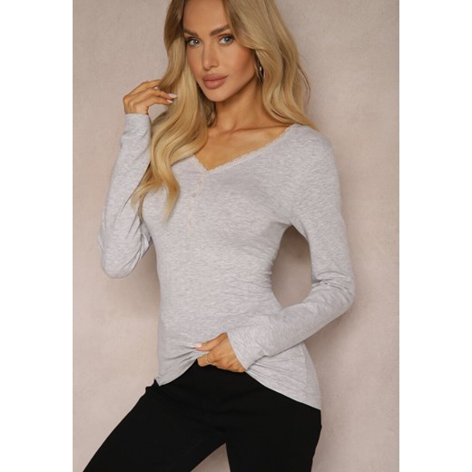 Szara Bluzka z Bawełny Longsleeve z Koronką i Guzikami przy Dekolcie Ciathea ze sklepu renee.pl w kategorii Bluzki damskie - zdjęcie 179925297