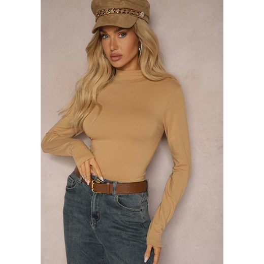 Ciemnobeżowa Bawełniana Bluzka Typu Longsleeve z Półgolfem Riata ze sklepu renee.pl w kategorii Bluzki damskie - zdjęcie 179925317