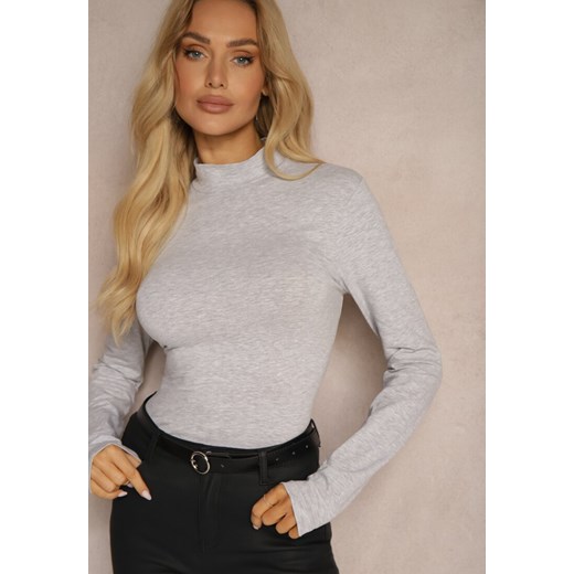 Jasnoszara Bawełniana Bluzka Typu Longsleeve z Półgolfem Riata ze sklepu renee.pl w kategorii Bluzki damskie - zdjęcie 179925337