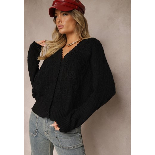 Czarny Kardigan w Stylu Oversize z Guzikami i Ozdobnymi Tłoczeniami Palabia ze sklepu renee.pl w kategorii Swetry damskie - zdjęcie 179925578