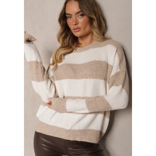 Beżowy Sweter ze Ściągaczami Ozdobiony Pasami z Wełną Tiarosea ze sklepu renee.pl w kategorii Swetry damskie - zdjęcie 179925648