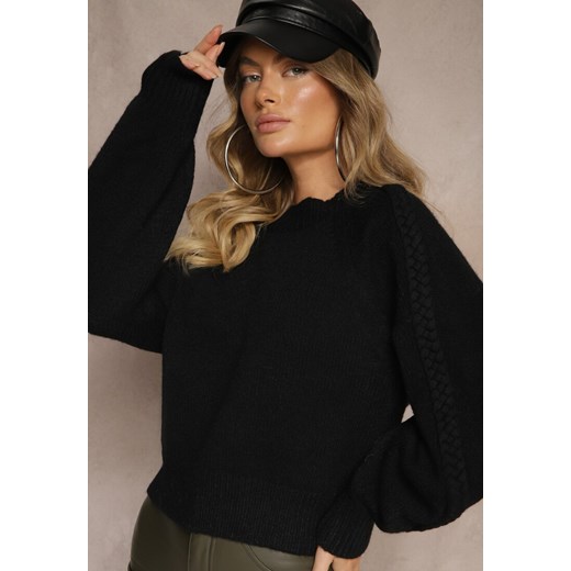 Czarny Sweter z Wiskozą i Splotem w Stylu Warkocz z Półgolfem Sinithia Renee ONE SIZE wyprzedaż renee.pl