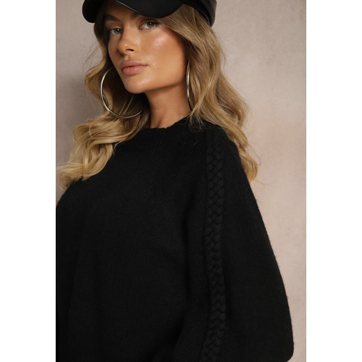 Czarny Sweter z Wiskozą i Splotem w Stylu Warkocz z Półgolfem Sinithia Renee ONE SIZE wyprzedaż renee.pl