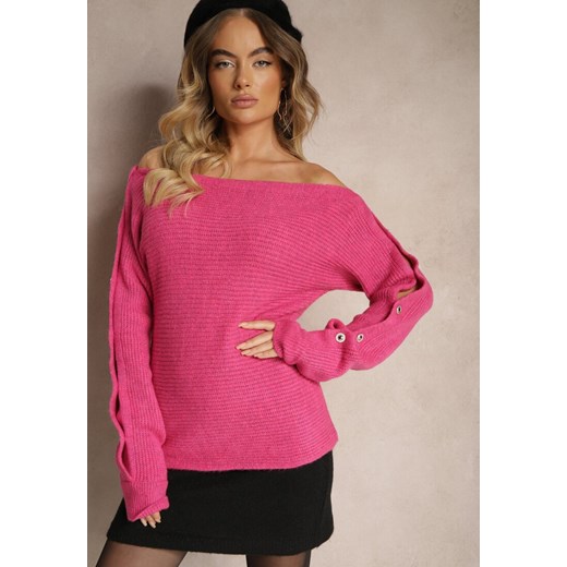Fuksjowy Elegancki Sweter z Dekoltem w Łódkę Zdobiony Guzikami i Wycięciami na Rękawach Dorida ze sklepu renee.pl w kategorii Swetry damskie - zdjęcie 179927706
