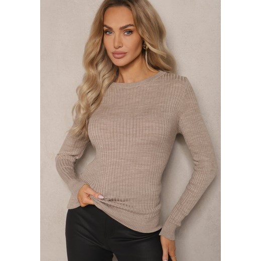 Jasnobeżowy Casualowy Sweter z Prążkowanego Materiału Zintra Renee S okazyjna cena renee.pl
