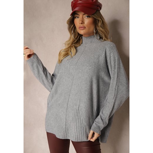 Jasnoszary Golf o Kroju Oversize z Eleganckim Cyrkoniowym Zdobieniem przy Dekolcie Melirra ze sklepu renee.pl w kategorii Swetry damskie - zdjęcie 179929166