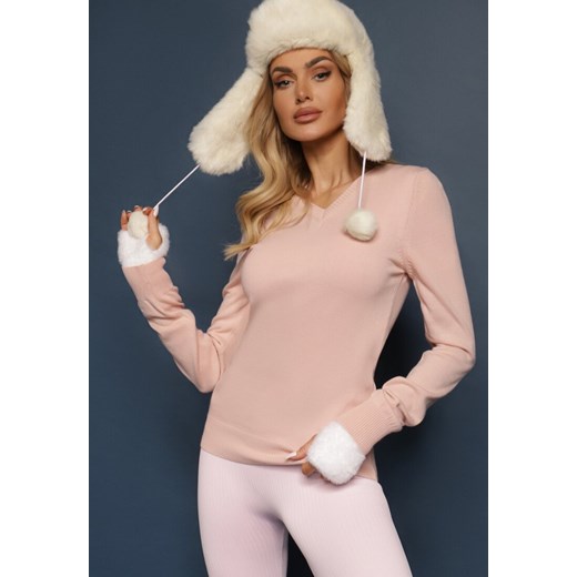 Jasnoróżowy Sweter w Klasycznym Stylu z Dekoltem w Serek Feliriel ze sklepu renee.pl w kategorii Swetry damskie - zdjęcie 179929436