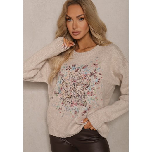 Brązowy Sweter z Kolorowym Haftem z Przodu Inavessa ze sklepu renee.pl w kategorii Swetry damskie - zdjęcie 179930019