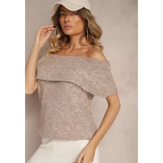 Beżowy Sweter Top z Hiszpańskim Wywijanym Dekoltem z Wełną Inarose ze sklepu renee.pl w kategorii Swetry damskie - zdjęcie 179930059