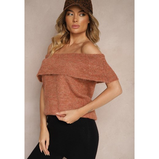 Brązowy Sweter Top z Hiszpańskim Wywijanym Dekoltem z Wełną Inarose ze sklepu renee.pl w kategorii Swetry damskie - zdjęcie 179930067