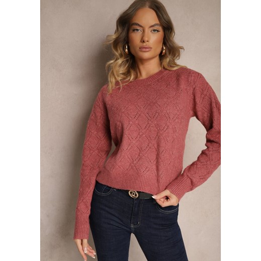 Różowy Sweter w Klasycznym Stylu z Tłoczonym Wzorem Deriel ze sklepu renee.pl w kategorii Swetry damskie - zdjęcie 179930097