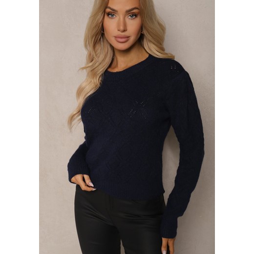 Granatowy Sweter w Klasycznym Stylu z Tłoczonym Wzorem Deriel ze sklepu renee.pl w kategorii Swetry damskie - zdjęcie 179930107
