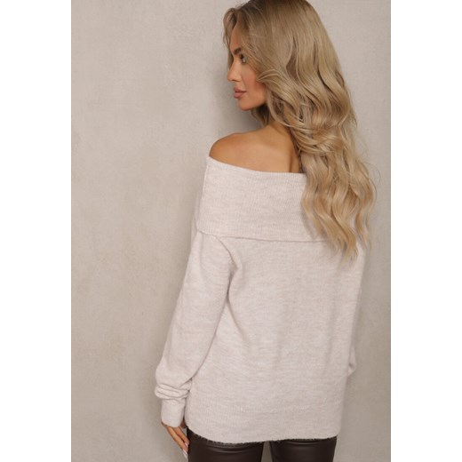 Beżowy Sweter z Wiskozą i Wełną Ozdobiony Wywiniętym Dekoltem Ravarienne Renee M wyprzedaż renee.pl