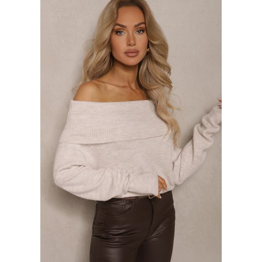 Beżowy Sweter z Wiskozą i Wełną Ozdobiony Wywiniętym Dekoltem Ravarienne Renee S wyprzedaż renee.pl