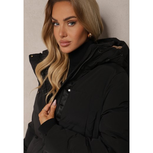 Czarna Pikowana Kurtka o Długim Kroju z Kapturem i Ściągaczami Zapinana z Boku Renee XL okazja renee.pl