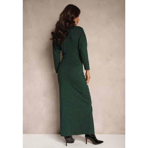 Ciemnozielona Sukienka z Wiskozą Metaliczną Nicią i Asymetrycznym Węzłem Renee ONE SIZE wyprzedaż renee.pl