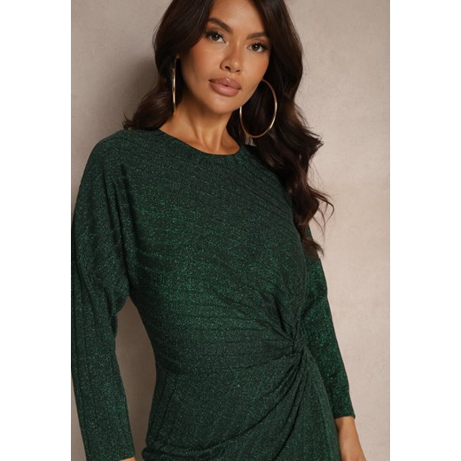 Ciemnozielona Sukienka z Wiskozą Metaliczną Nicią i Asymetrycznym Węzłem Renee ONE SIZE okazja renee.pl