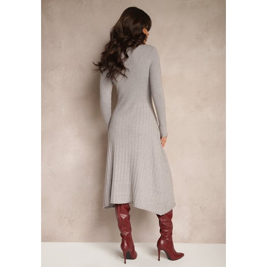 Szara Rozkloszowana Sukienka z Wiskozą Imitacją Kieszeni  i Guzikami Izadria Renee ONE SIZE okazja renee.pl