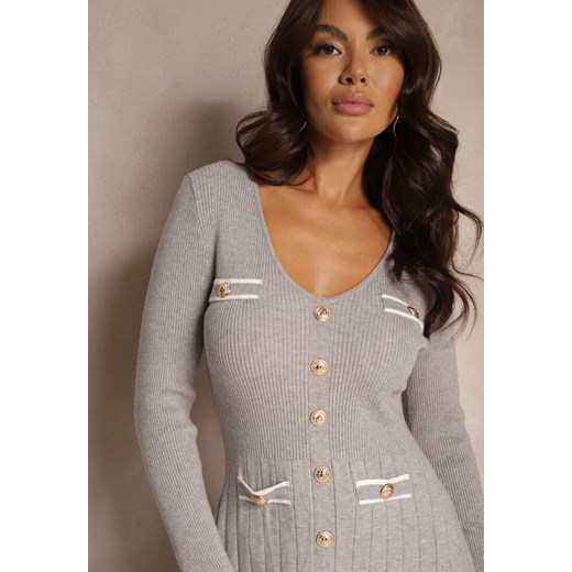 Szara Rozkloszowana Sukienka z Wiskozą Imitacją Kieszeni  i Guzikami Izadria Renee ONE SIZE okazja renee.pl