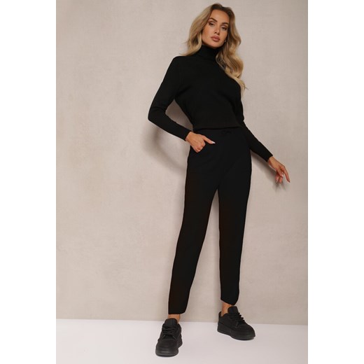 Czarne Spodnie z Bawełną High Waist Ozdobione Sznurkiem Venaline ze sklepu renee.pl w kategorii Spodnie damskie - zdjęcie 179931948