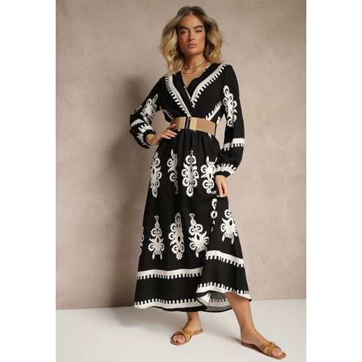 Czarna Kopertowa Sukienka z Wiskozą w Etniczny Wzór z Gumką i Paskiem w Talii Renee S renee.pl wyprzedaż