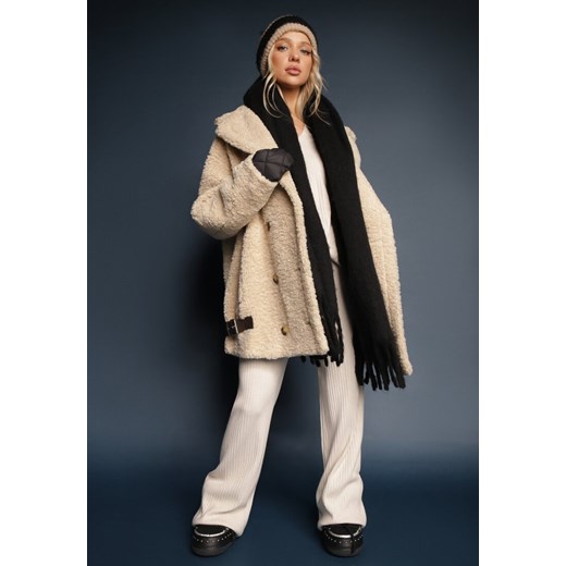 Jasnobeżowy Komplet z Prążkowanej Dzianiny z Wiskozą Sweter z Kołnierzem i Renee ONE SIZE wyprzedaż renee.pl