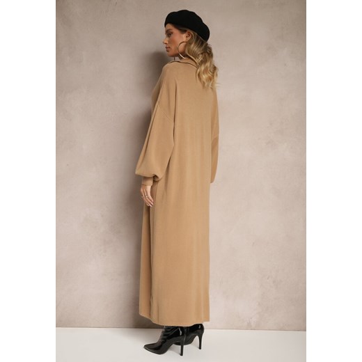 Ciemnobeżowa Sweterkowa Sukienka z Wiskozą o Pudełkowym Kroju Ozdobiona Renee ONE SIZE okazyjna cena renee.pl