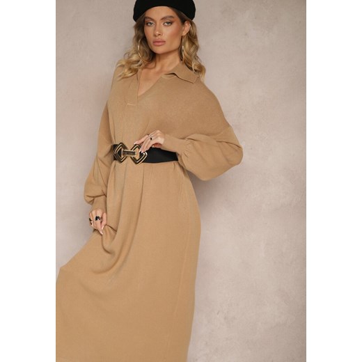 Ciemnobeżowa Sweterkowa Sukienka z Wiskozą o Pudełkowym Kroju Ozdobiona Renee ONE SIZE promocja renee.pl