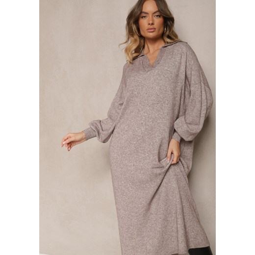 Beżowa Sweterkowa Sukienka z Wiskozą o Pudełkowym Kroju Ozdobiona Kołnierzykiem Renee ONE SIZE okazja renee.pl