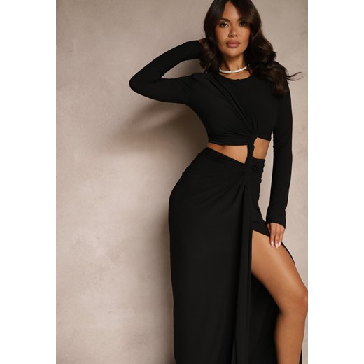 Czarna Dopasowana Sukienka z Rozcięciem z Tyłu Marszczeniem i Wycięciem w Talii Renee ONE SIZE wyprzedaż renee.pl