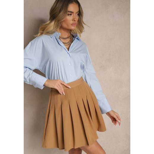 Beżowa Spódnica z Wiskozą o Rozkloszowanym Kroju z Plisami i Gumką w Pasie w Stylu Preppy Iliola ze sklepu renee.pl w kategorii Spódnice - zdjęcie 179933929