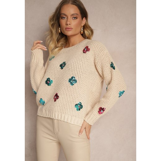 Beżowy Sweter z Wiskozą Zdobiony Cekinowymi Aplikacjami z Kwiatami Edalora ze sklepu renee.pl w kategorii Swetry damskie - zdjęcie 179934237