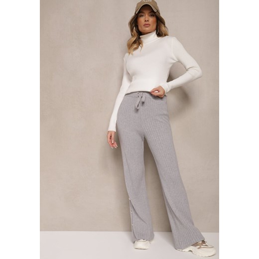 Jasnoszare Prążkowane Spodnie High Waist z Wiskozą o Szerokim Kroju Ozdobione Guzikami Zeriel ze sklepu renee.pl w kategorii Spodnie damskie - zdjęcie 179934247