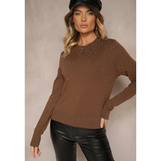 Brązowy Casualowy Sweter z Wiskozą z Ozdobnymi Detalami z Cyrkonii Edaloriae ze sklepu renee.pl w kategorii Swetry damskie - zdjęcie 179934528