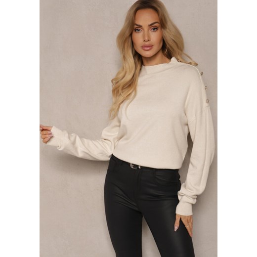Jasnobeżowy Sweter Półgolf z Modalem i Wiskozą Ozdobiony Guzikami Setannia Renee M renee.pl wyprzedaż
