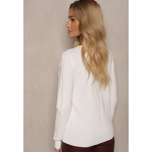 Biały Sweter z Prążkowanej Dzianiny z Wiskozą Ozdobiony Cyrkoniami i Wiązaniem Renee S promocja renee.pl