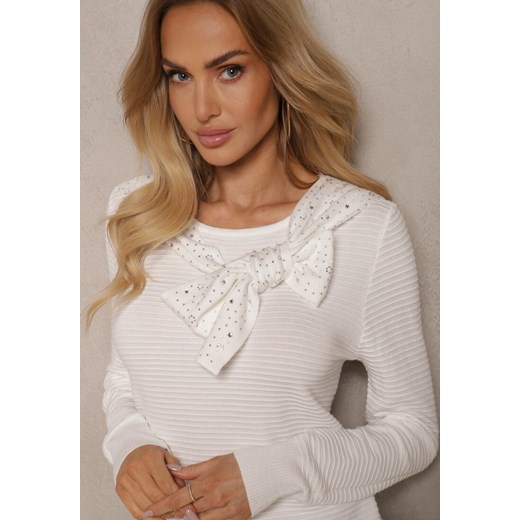 Biały Sweter z Prążkowanej Dzianiny z Wiskozą Ozdobiony Cyrkoniami i Wiązaniem Renee S wyprzedaż renee.pl