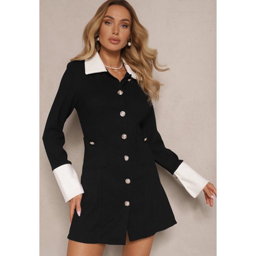 Czarna Sukienka Ozdobiona Guzikami z Usztywnianymi Ramionami Sewimara Renee M okazja renee.pl