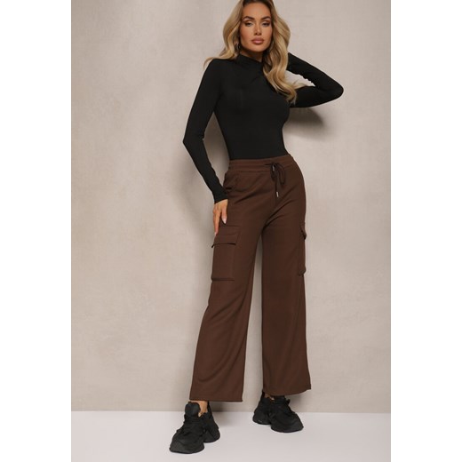 Brązowe Szerokie Spodnie Dresowe Cargo High Waist w Stylu Cargo z Ociepleniem Sevifra ze sklepu renee.pl w kategorii Spodnie damskie - zdjęcie 179937125