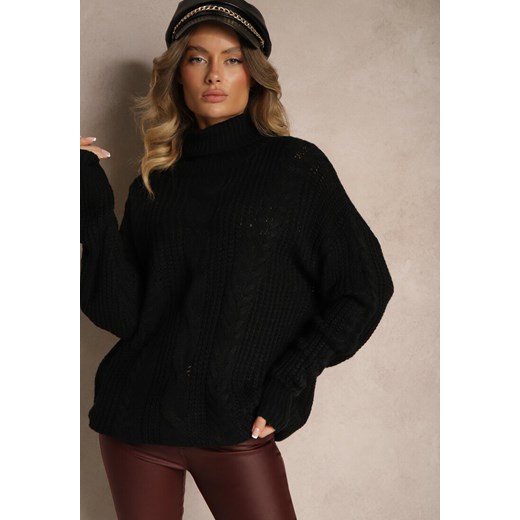 Czarny Golf z Wiskozą w Stylu Oversize z Ozdobnym Splotem Korremi ze sklepu renee.pl w kategorii Swetry damskie - zdjęcie 179937265