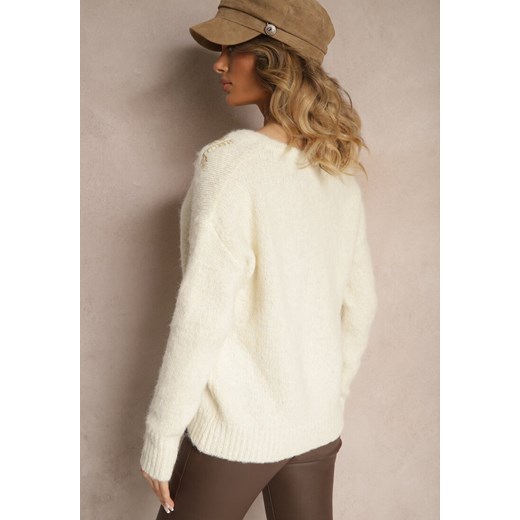 Jasnobeżowy Sweter z Wełną i Metalicznym Wzorem w Kwiaty Senithea Renee M okazja renee.pl